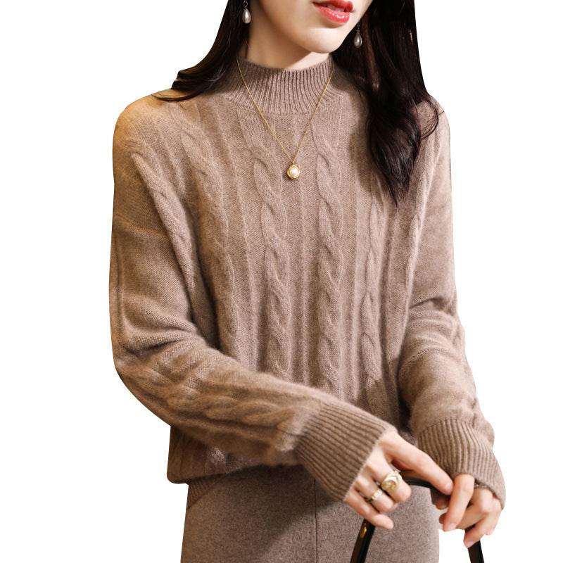 Women's Pure Wool Sweater with Half Turtleneck and Thick Twist Knit Design