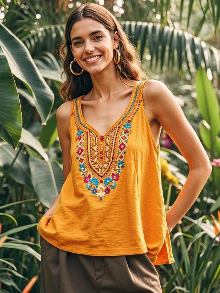 Women's Ethnic Floral Art Linen Sleeveless Tank Top