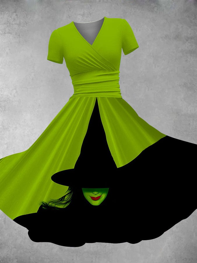 🔥Buy 3 Get 10% Off🔥V Neck Retro Halloween Witch Print Maxi Dress