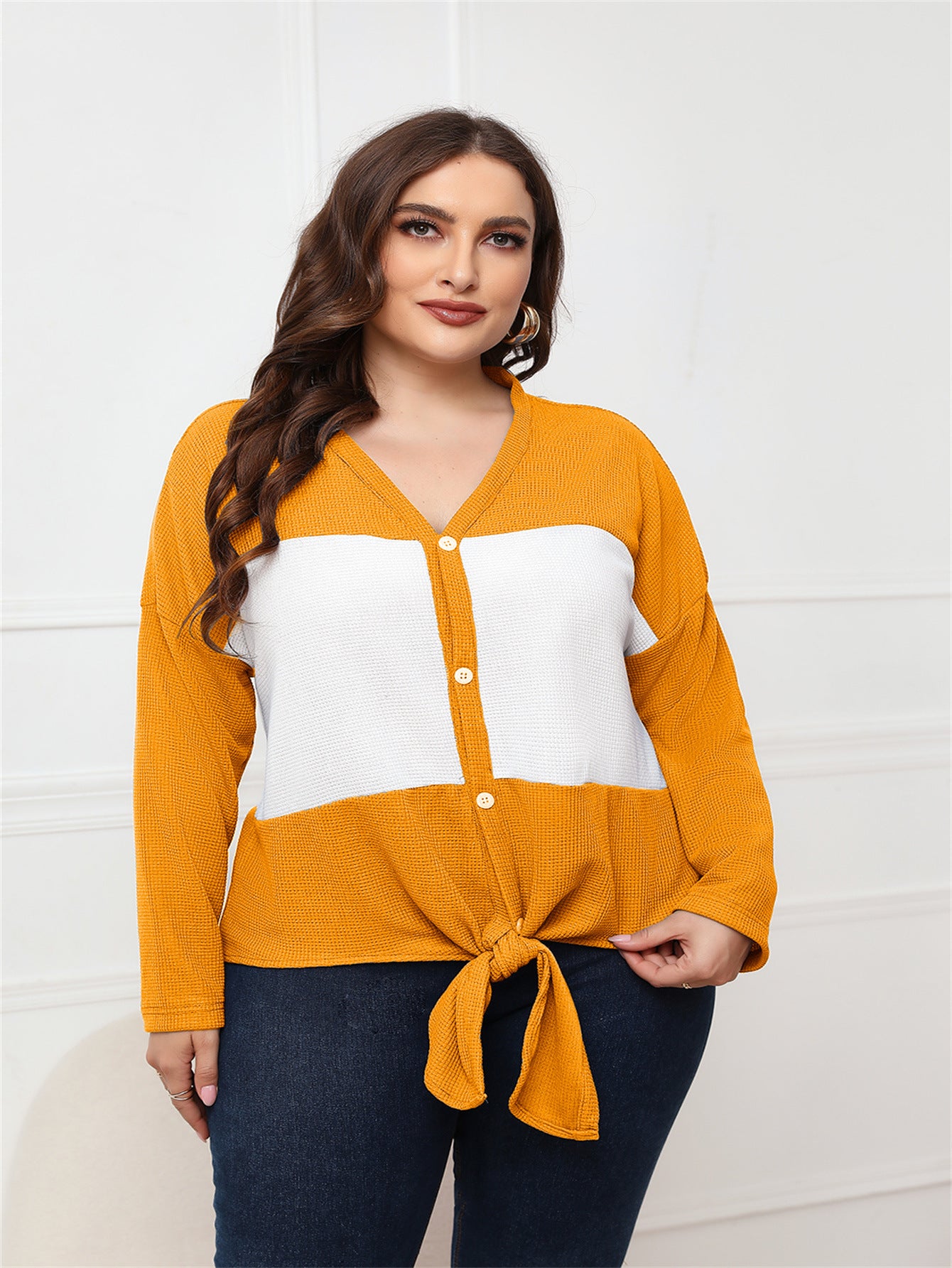Plus Size Women Clothing Spring Autumn Long Sleeve V Neck Open Placket Top