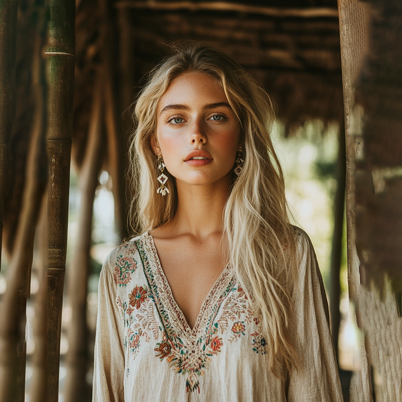 Boho Floral Tribal Embroidery Print Cotton And Linen Blend Loose Blouse
