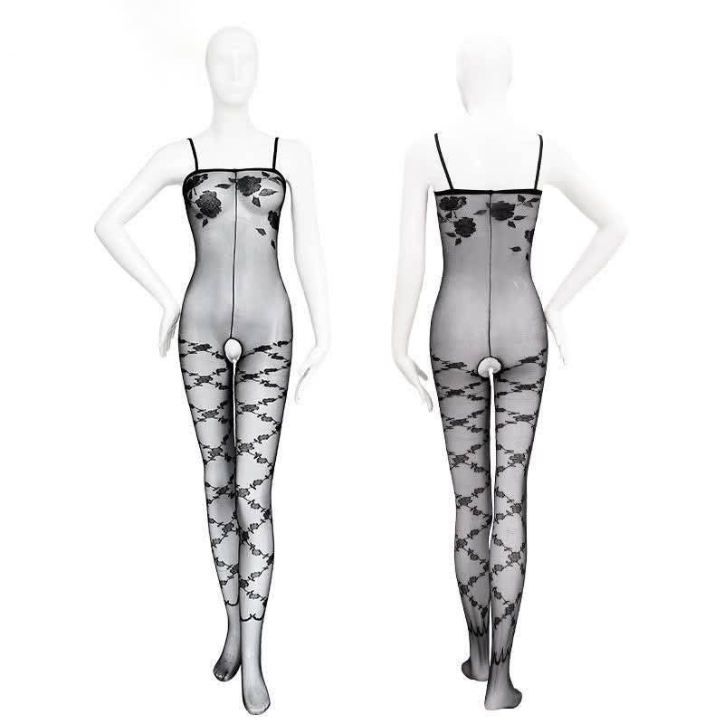 Rose Print Crotchless Mesh Bodysuit Lingerie