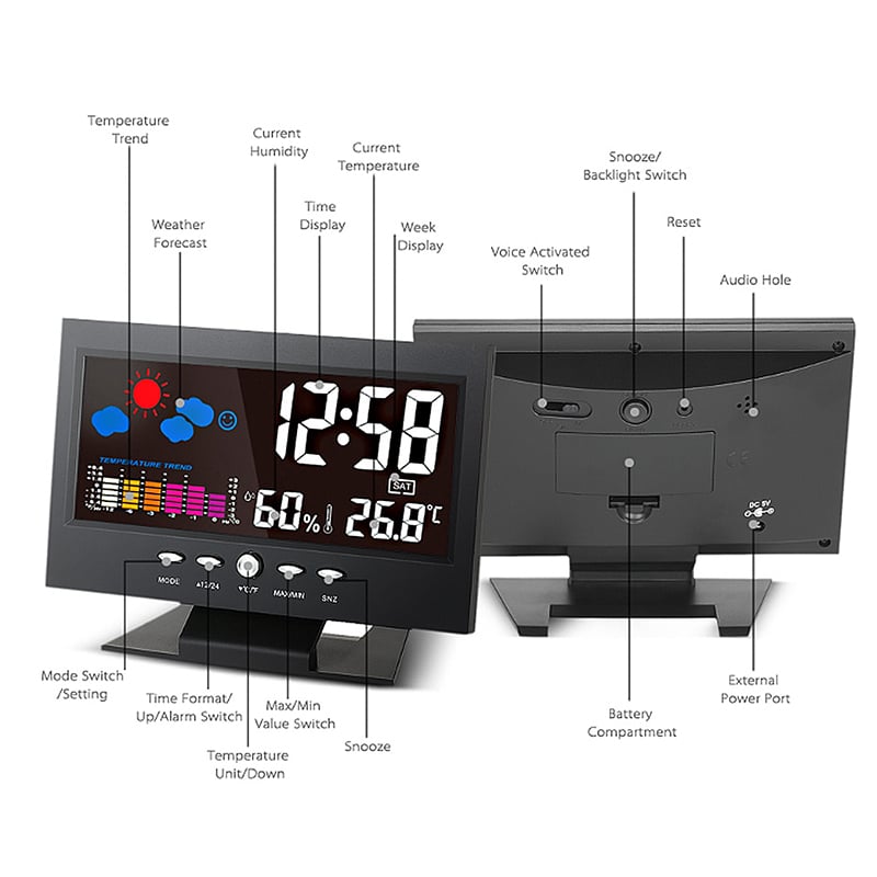 (🎁2025 Hot Sale🎁)Digital LED Temperature Humidity Monitor Weather Forecast LED Table Alarm Clock