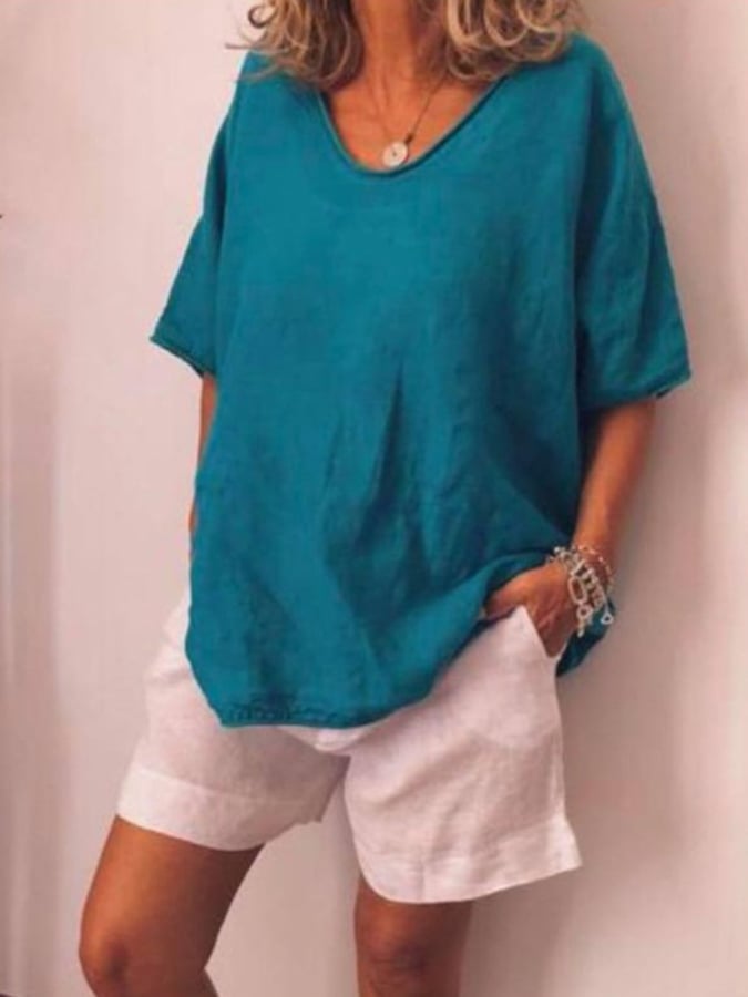 Women's casual loose multi-color short-sleeved casual cotton and linen T-shirt