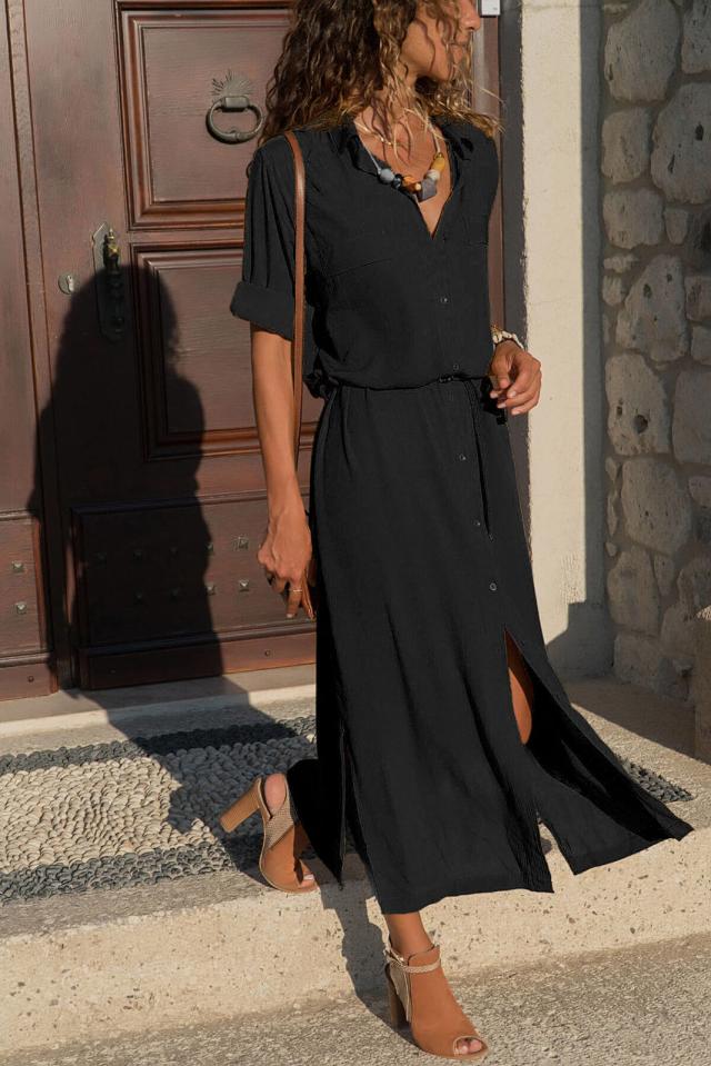 Spring European And American Style Fashion New Solid Color Loose Stand Collar Long Sleeve Split Long Skirt