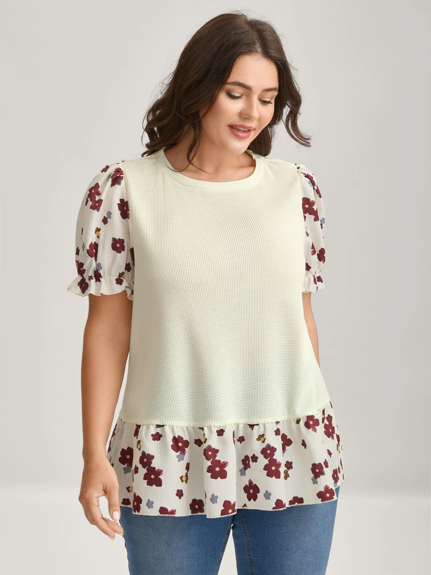 Floral Detail Waffle Contrast Knit Top