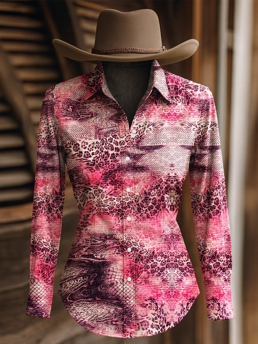 Women's Vintage Snakeskin Leopard Print Western Long Sleeve Shirt