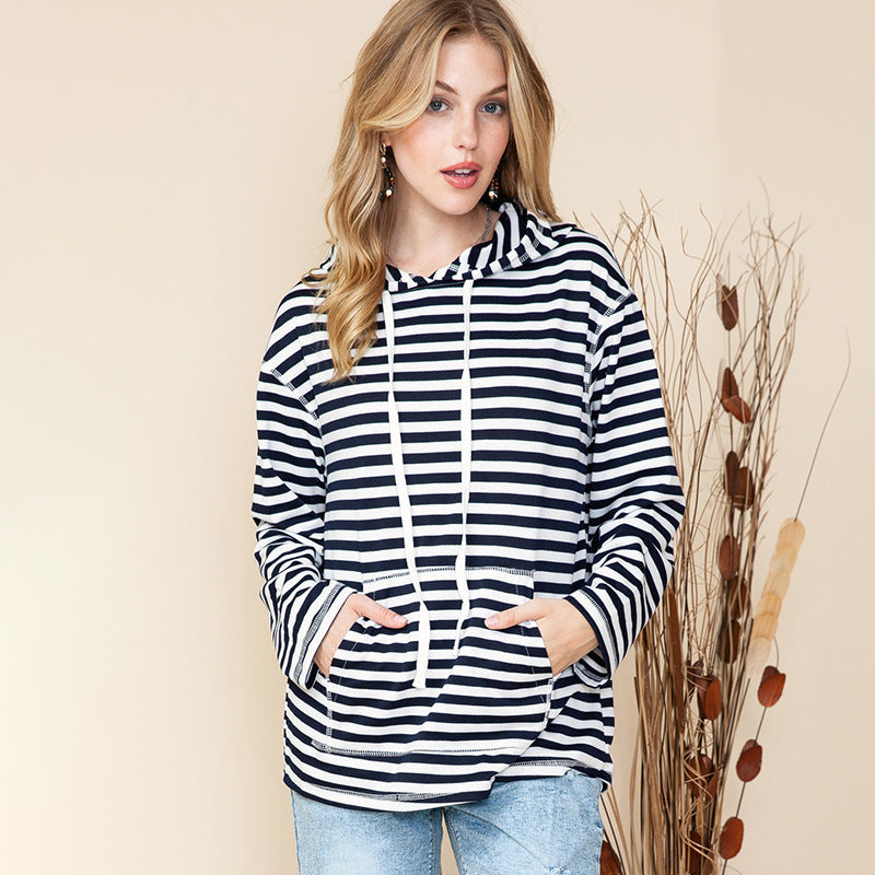 Shiying Striped Hooded Sweater, Women's Autumn Fashion, Loose-Fit Long Sleeve Top