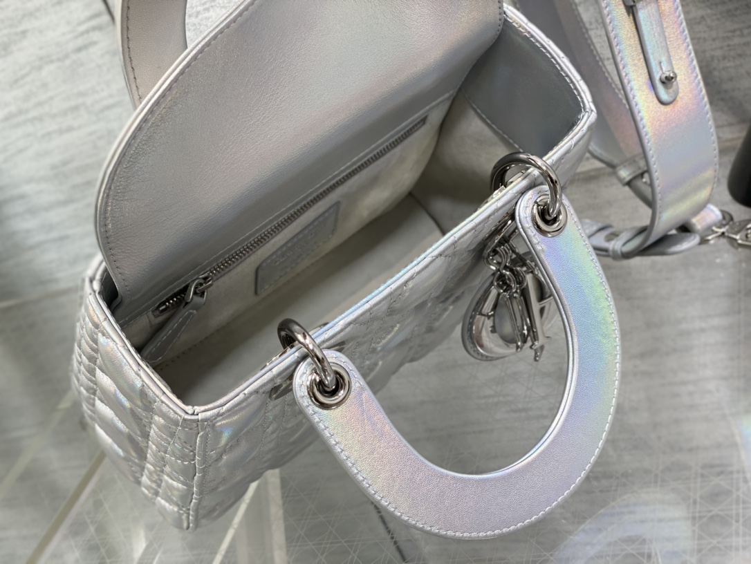 DIOR Lady Four-grid Laser Silver Princess Diana Bag