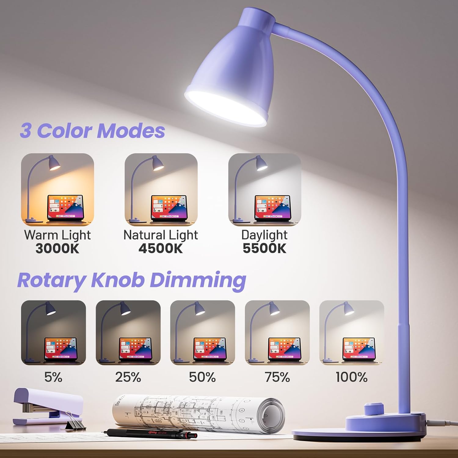 BOHON LED Desk Lamp with USB Charging Port 3 Color Modes Dimmable Reading Light Intelligent Induction Auto Dimming Task Lamp Flexible Gooseneck Table Lamp for Bedside Office, AC Adapter Include