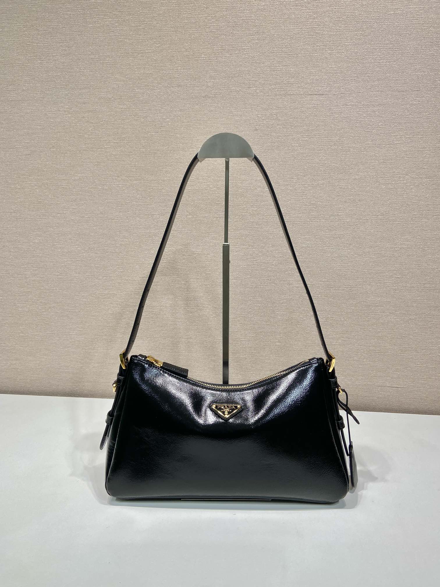 Prada Aimee Hobo Wrinkled Patent Leather Underarm Bag 1BC229