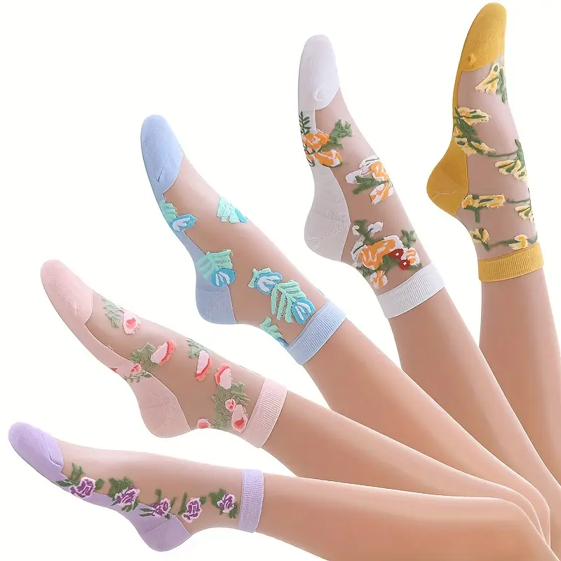 ( Last Day Promotions-50% OFF) 5pairs/Set Floral Embroidery Lace Ankle Socks--Size Fit ALL Ldies and Girls