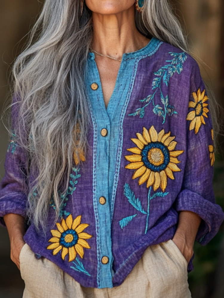 Ukraine Sunflower With Bohemian Linen Floral Art Print Long Sleeve Loose  Shirt