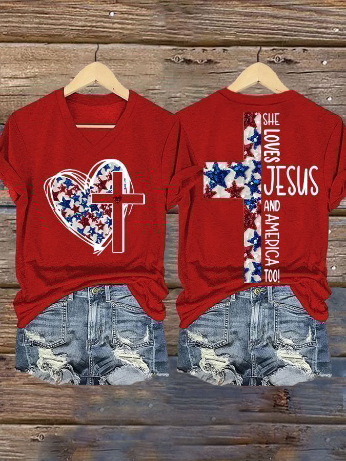 Women's She Jesus And Love America Too!  Print V-Neck T-Shirt