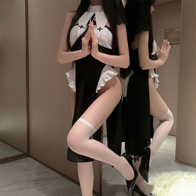 Nun Hollow Out Cross Slit Lingerie Dress Set