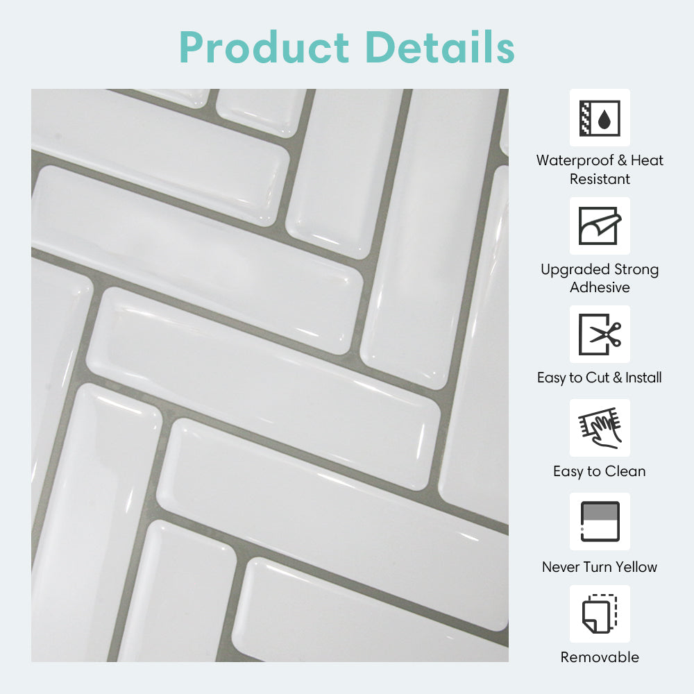 White Herringbone Backsplash Peel and Stick Tile - Thicker Design