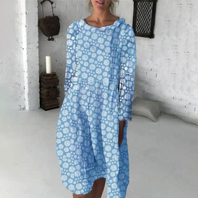Simple Round Neck Long Sleeve Printed Midi Dress