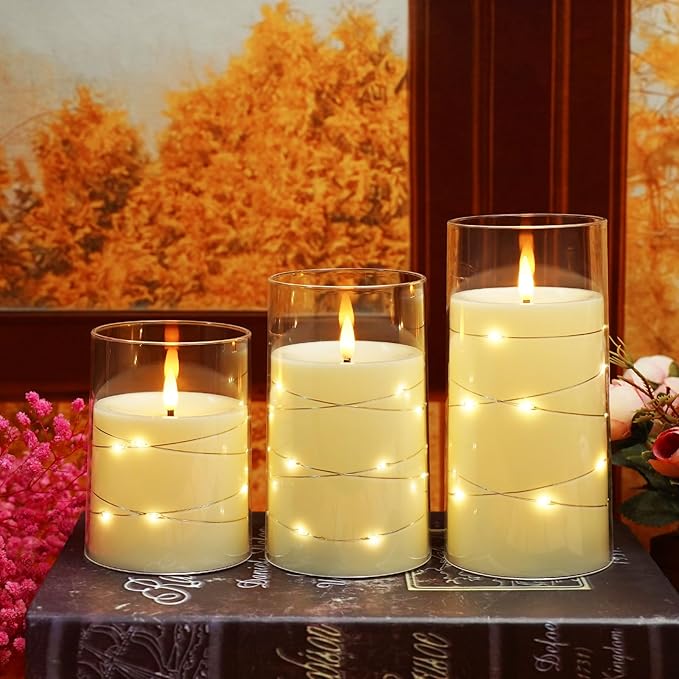 🕯️🕯️LED Candles With Embedded String Lights - (3-Piece Flameless Set)
