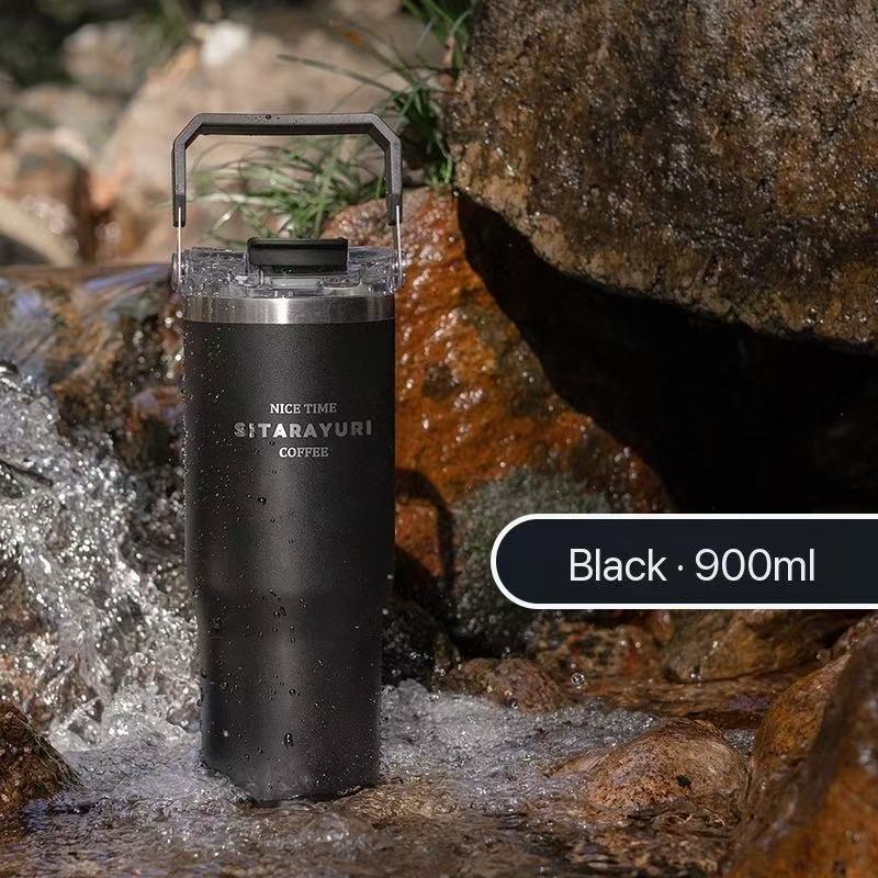 Portable stainless steel thermos flask, stylish design, convenient dual-drink straw water bottle, car water cup