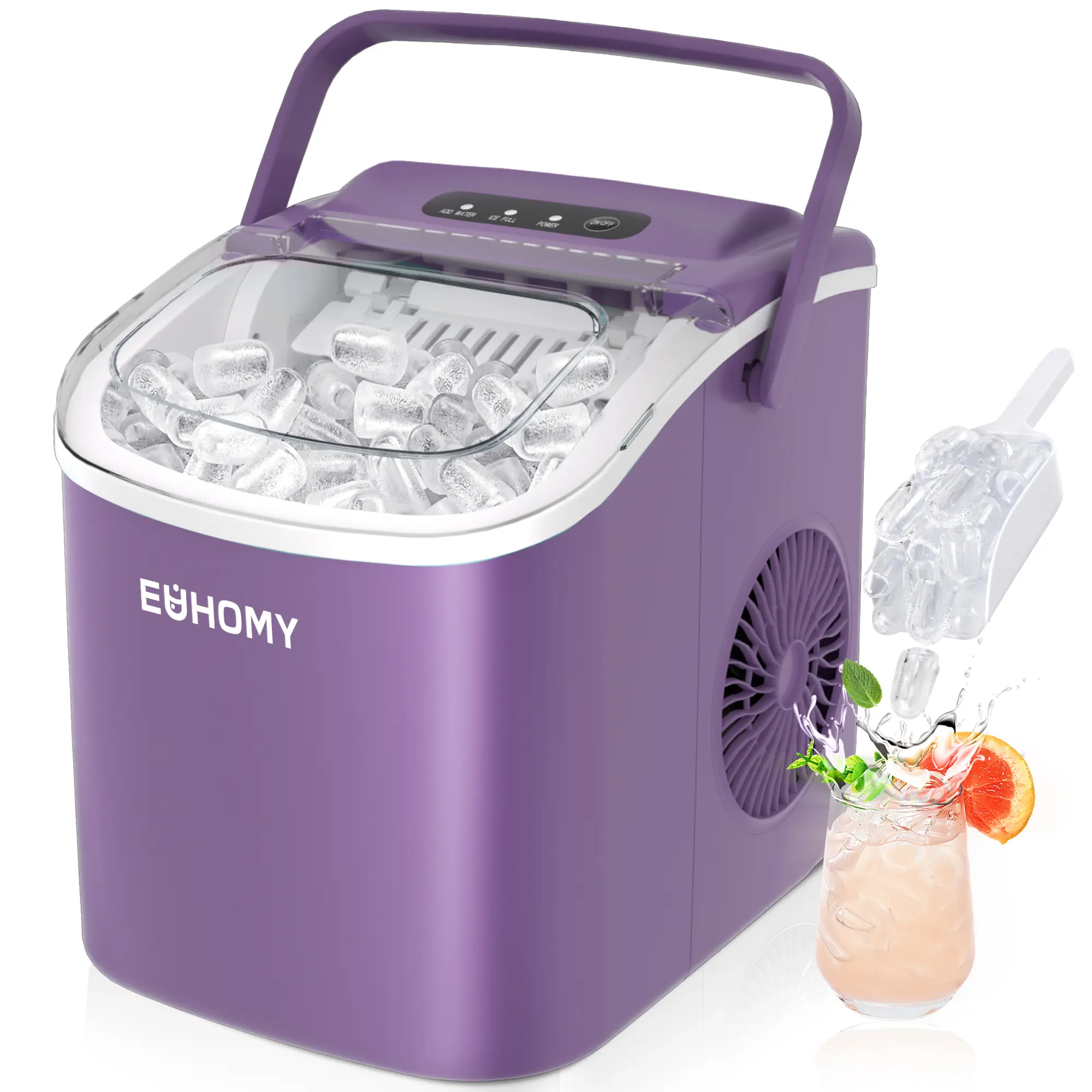 EUHOMY Ice Maker Countertop with Handle, 26lbs in 24Hrs, 9 Ice Cubes Ready in 6 Mins, Auto-Cleaning Portable Ice Maker with Basket and Scoop, for Home/Kitchen/Camping/RV. (2026 New Silver) Utensils