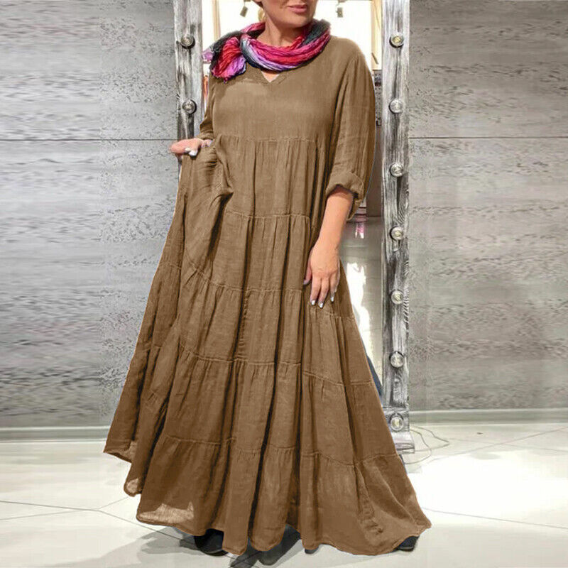 Women's Extra Long V-Neck Layered A-Line Dress with Long Sleeves