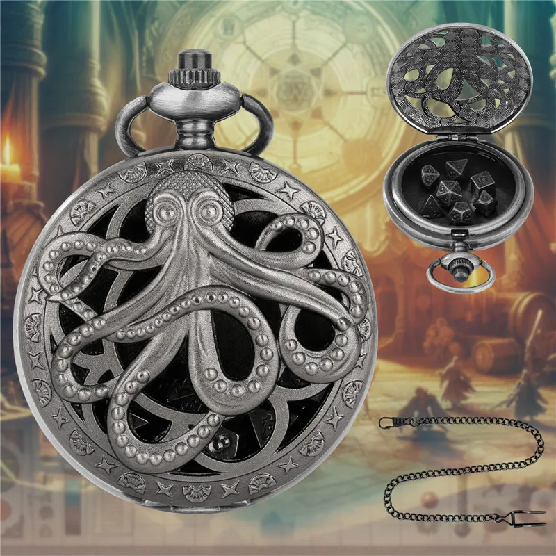 Retro Hollow Octopus Pocket Watch Case Pendant Chain with 7pcs Metal Polyhedral Dice Game Accessory