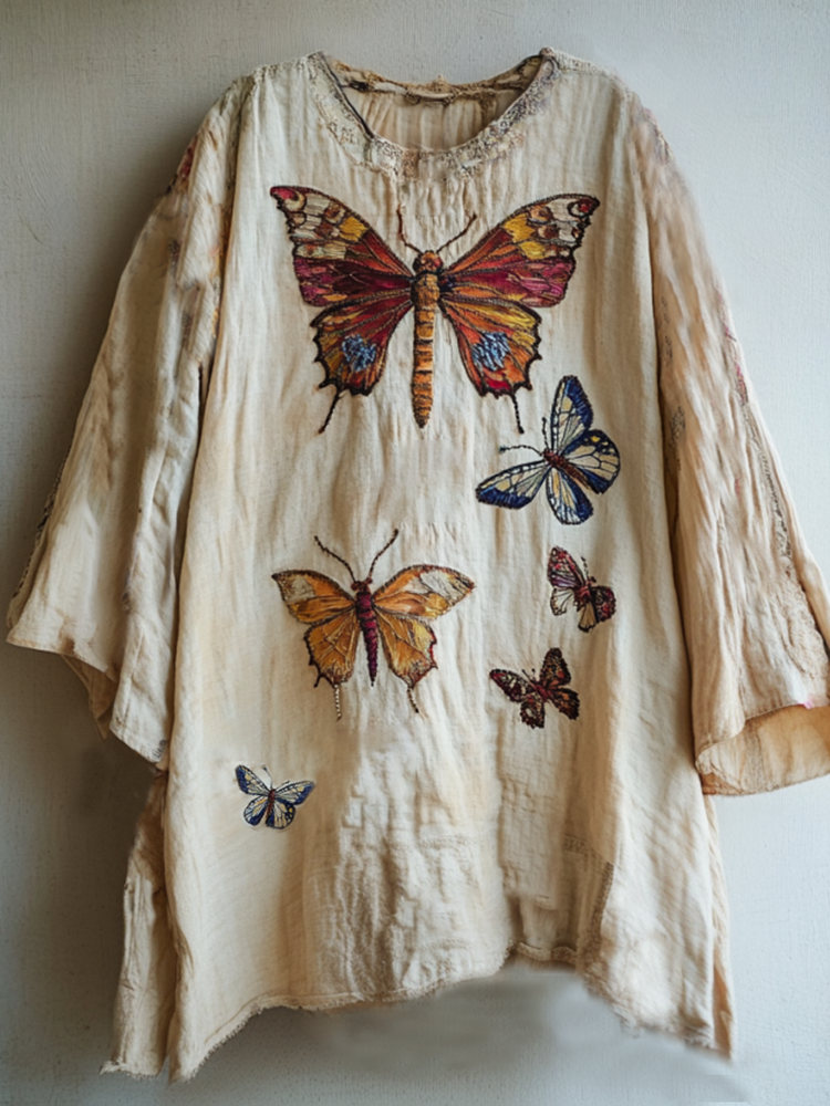 Women's Rainbow Butterfly And Dragonfly Embroidery Linen Art Floral Linen Round Neck Shirt