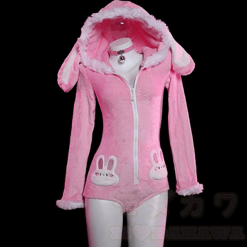Cosplay Long Bunny Ears Zipper Plush Jumpsuit Lingerie