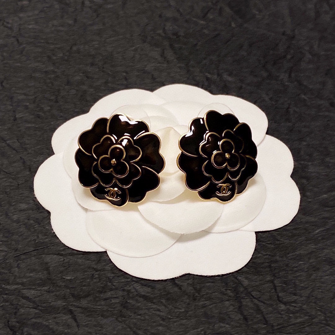 Chanel Black and White Camellia Earrings