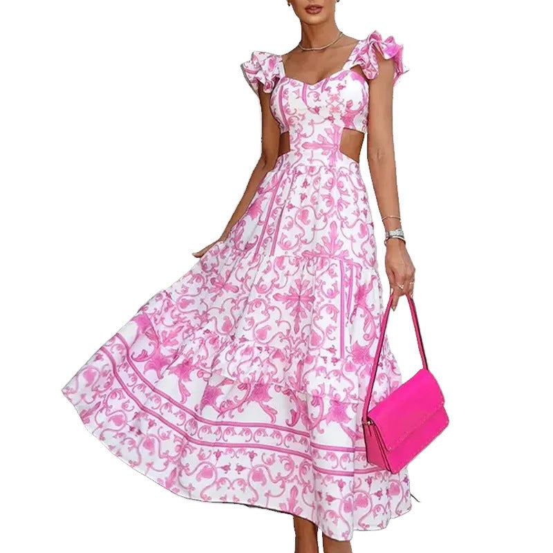 Summer Printed Hollow Length Dress with Padded Shoulders for Women