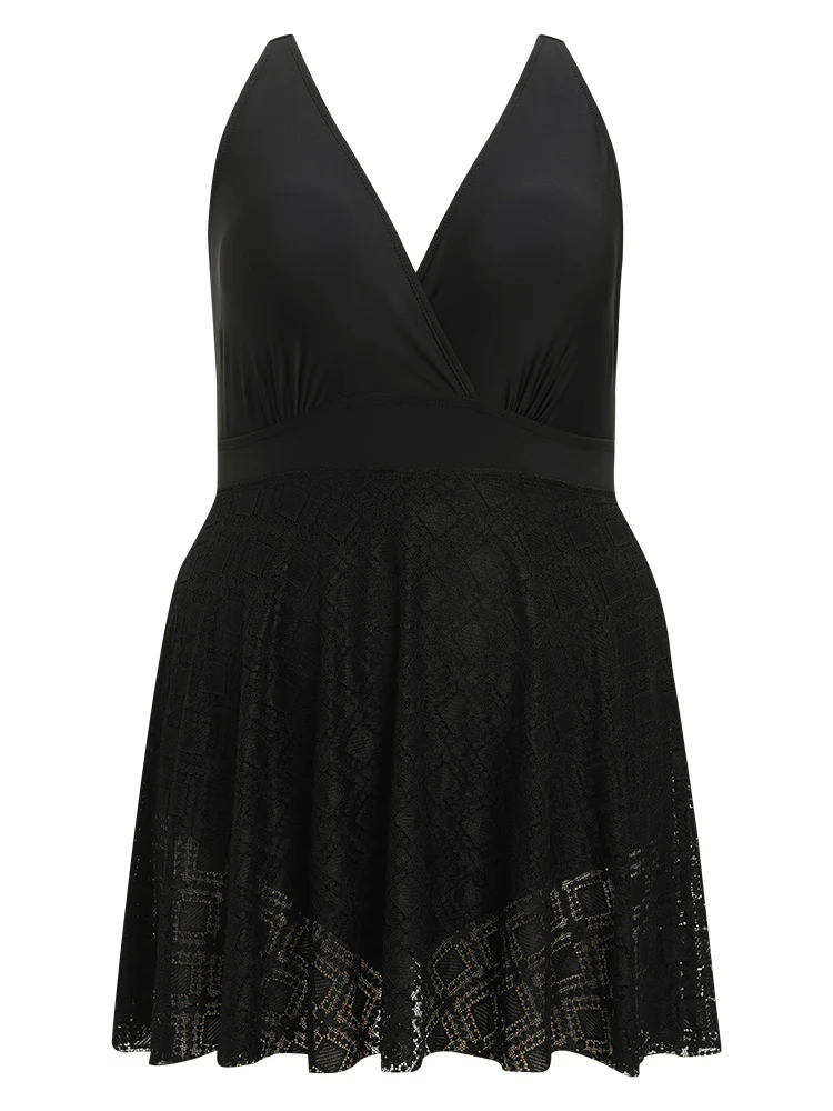 Contrast Lace Ruffle Hem Surplice Neck Swim Dress