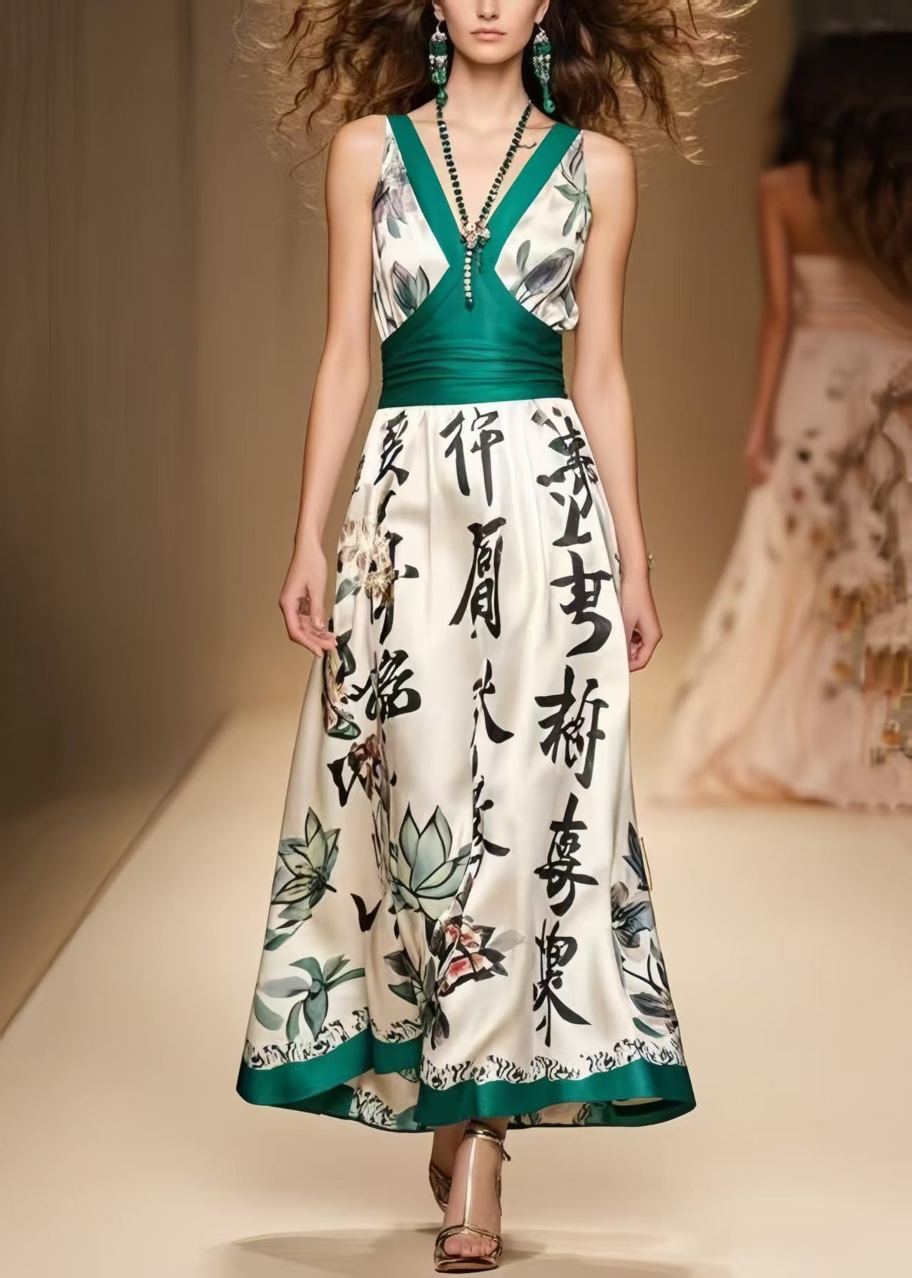 Modern White Print Patchwork Silk Ankle Dress Sleeveless