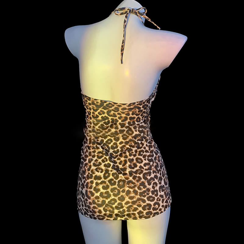 Leopard Print Backless Hollow Out Lingerie Dress