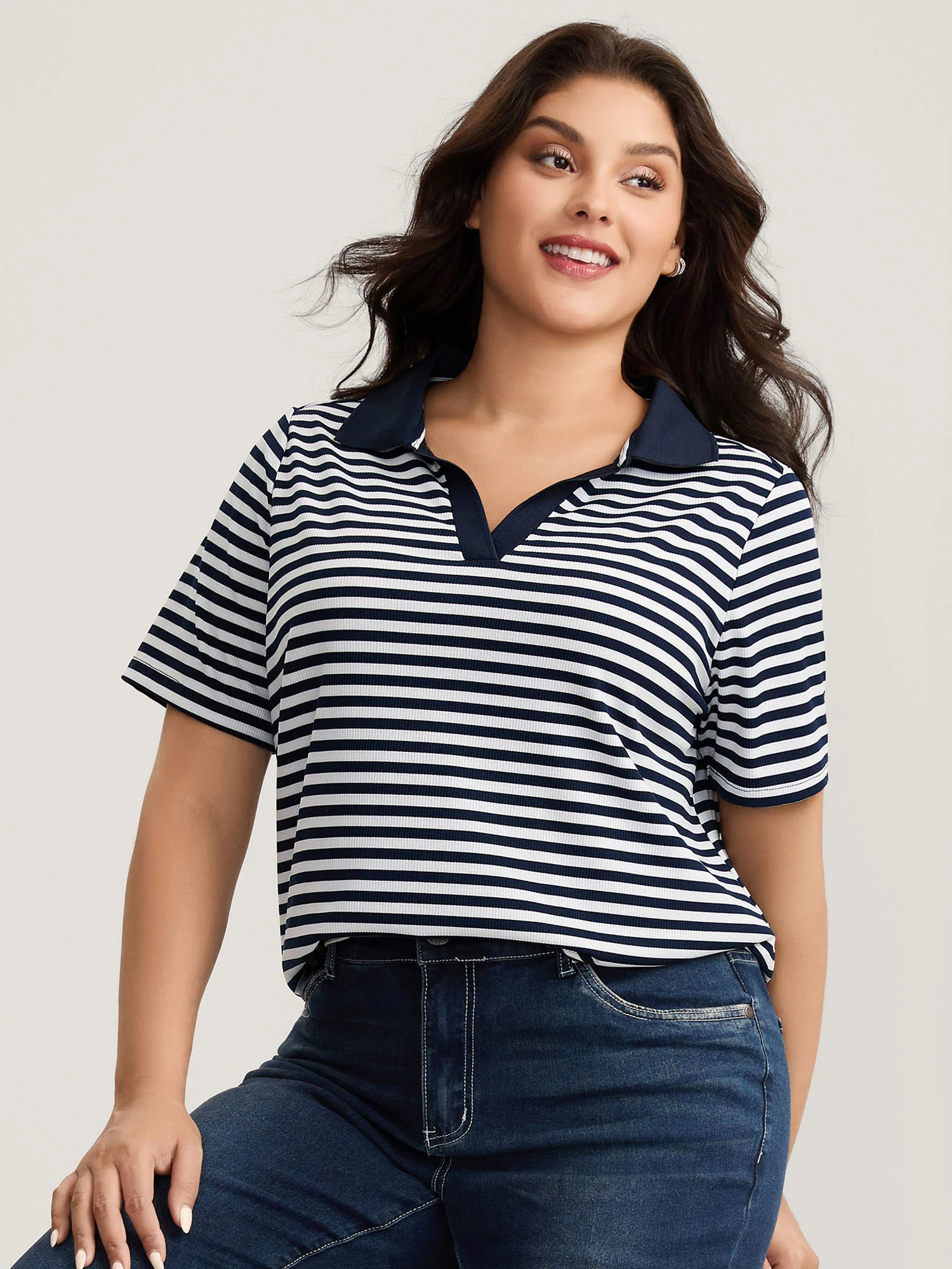 Polo Collar Stripes Contrast T-Shirt