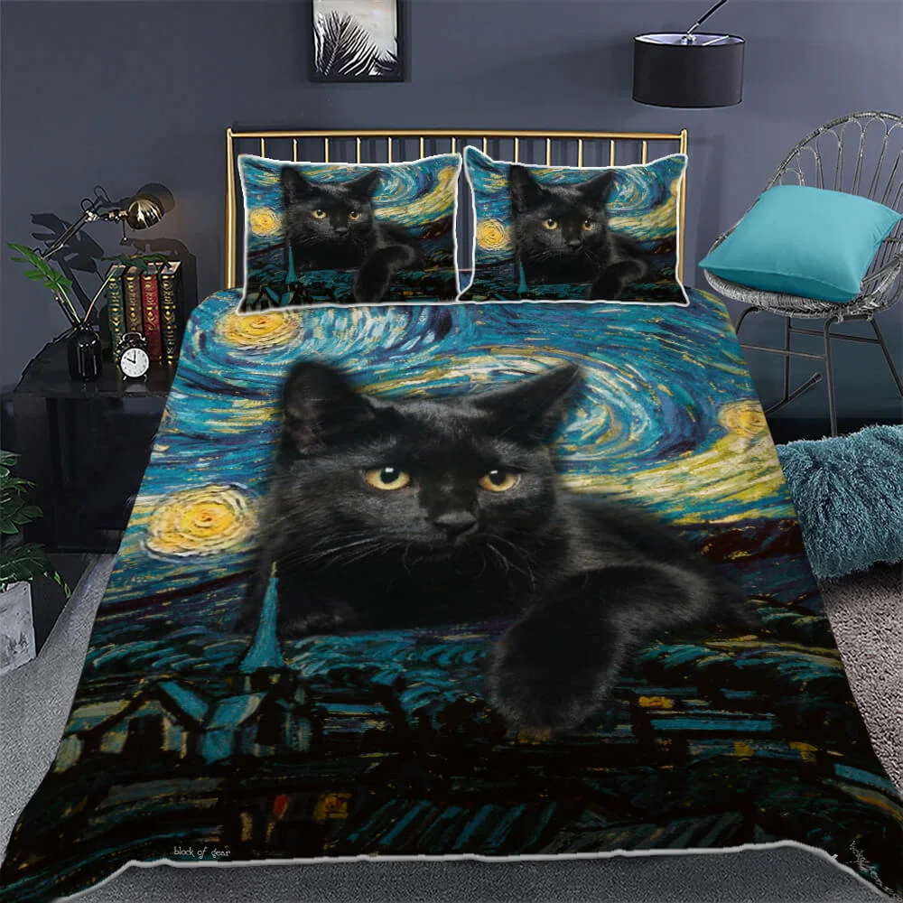 Black Cat Starry Night Quilt Bed Set