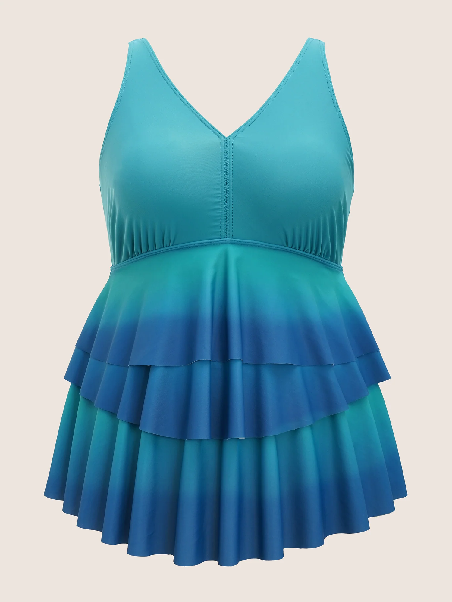 V Neck Ombre Tiered Ruffles Swim Top