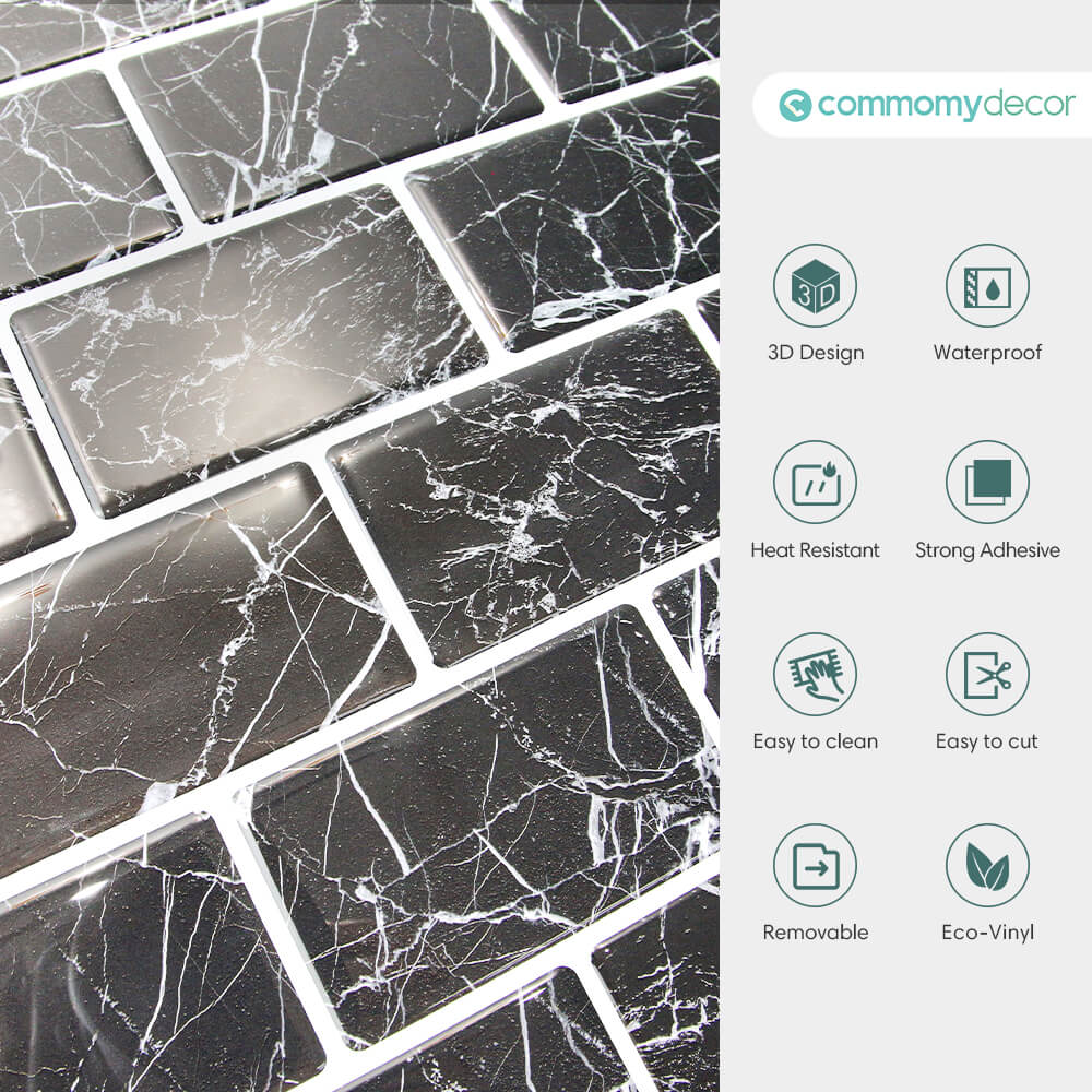Black Marble Subway Peel and Stick Backsplash Tile - Thicker Design