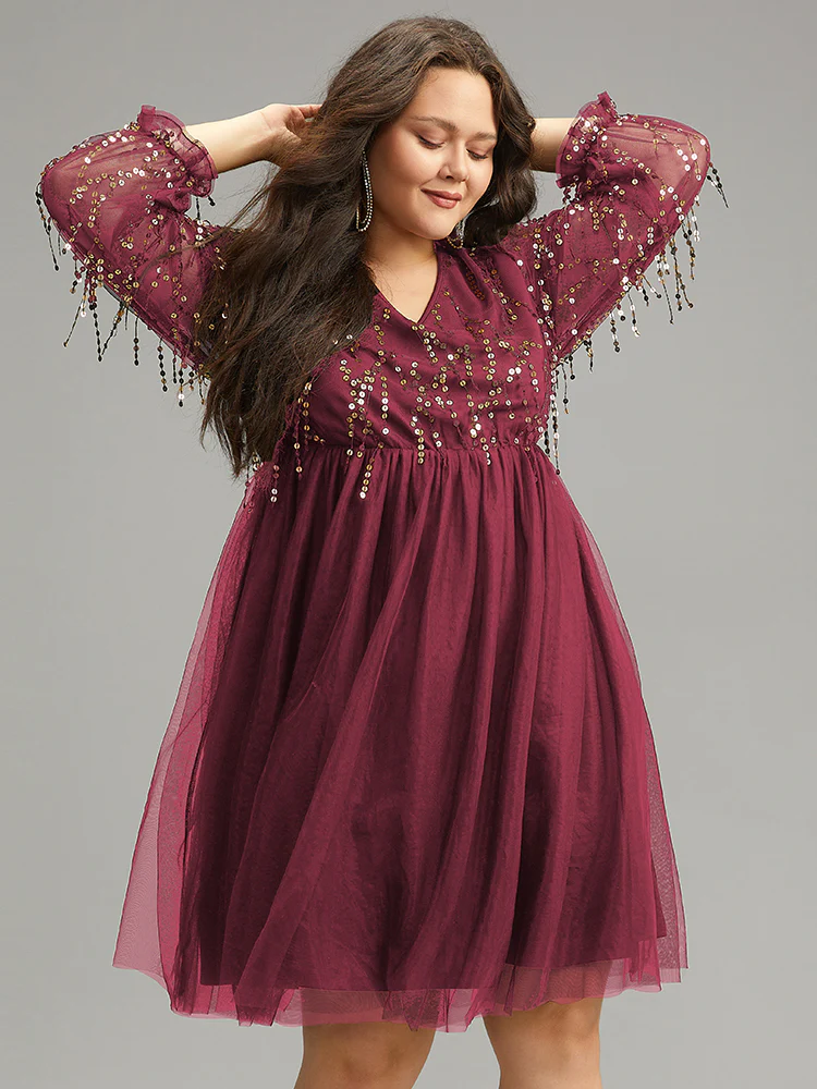 Sequin Mesh Patchwork Tassel Dress