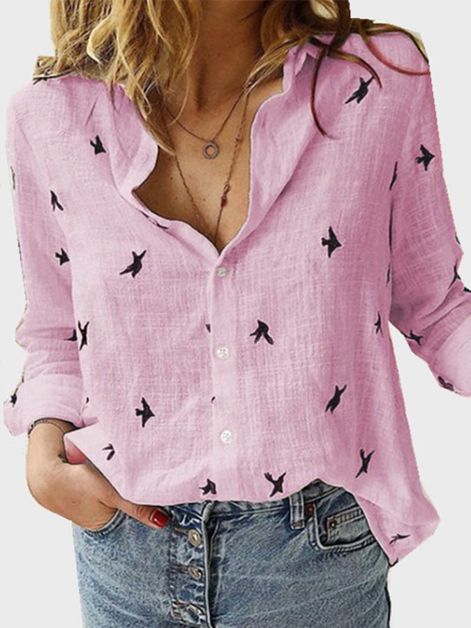 Ladies Cotton Linen Print Casual Loose Long Sleeve Shirt