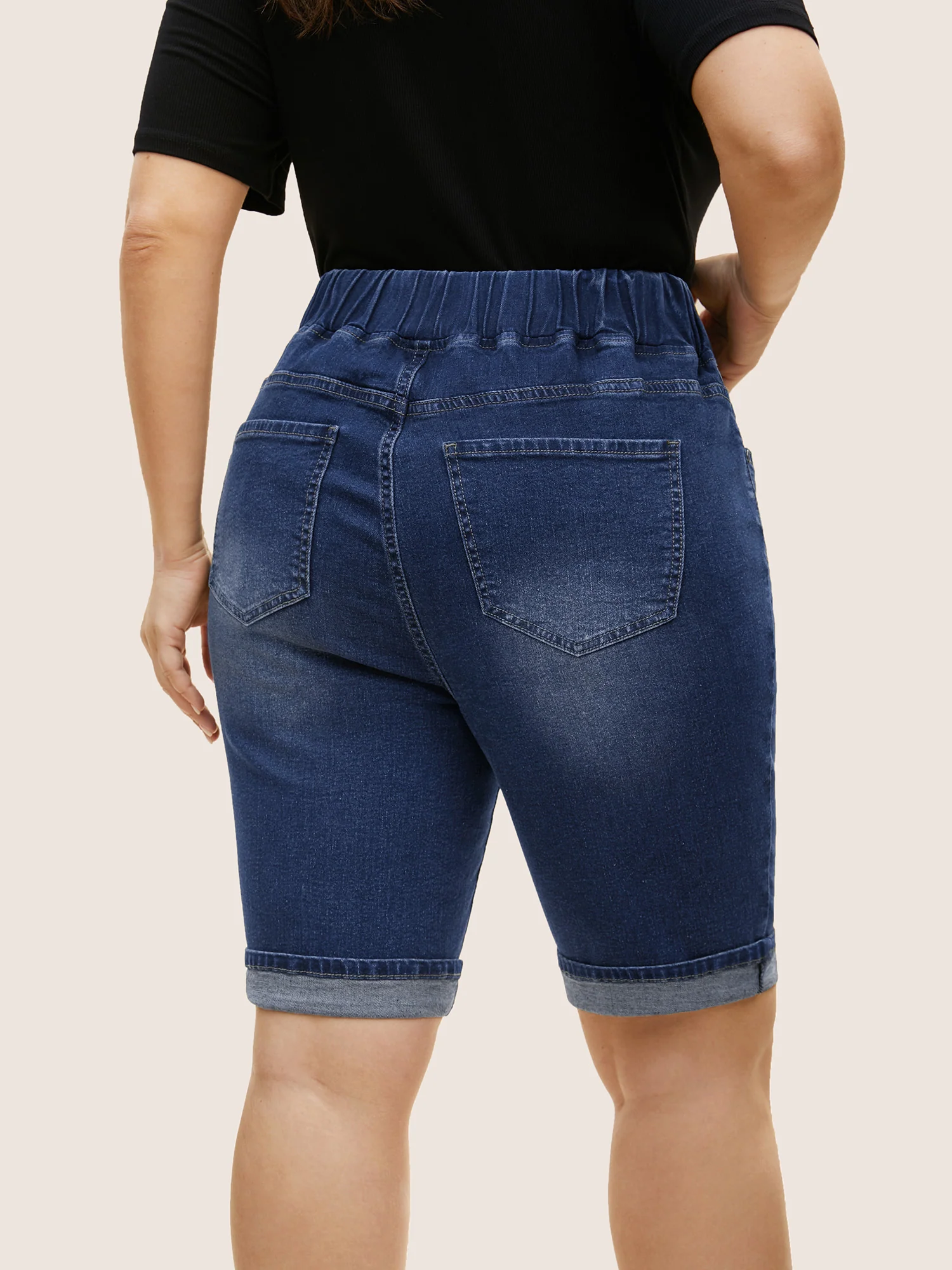 Dark Wash Distressed Roll Hem Denim Shorts