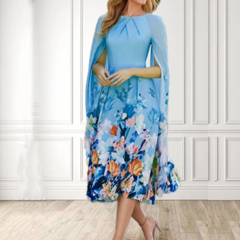 Women Fashion Cloak Sleeve Pleated Party Dress O-neck Commute Dress