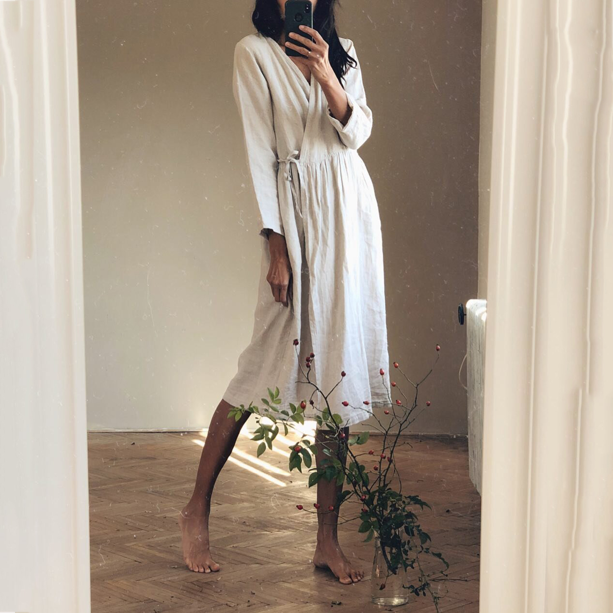 Casual V Neck Solid Tie Wrap Midi Dress