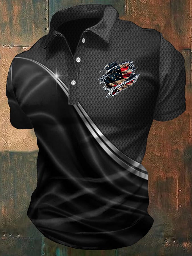 Men's Casual Independence Day Flag Print Polo Shirt
