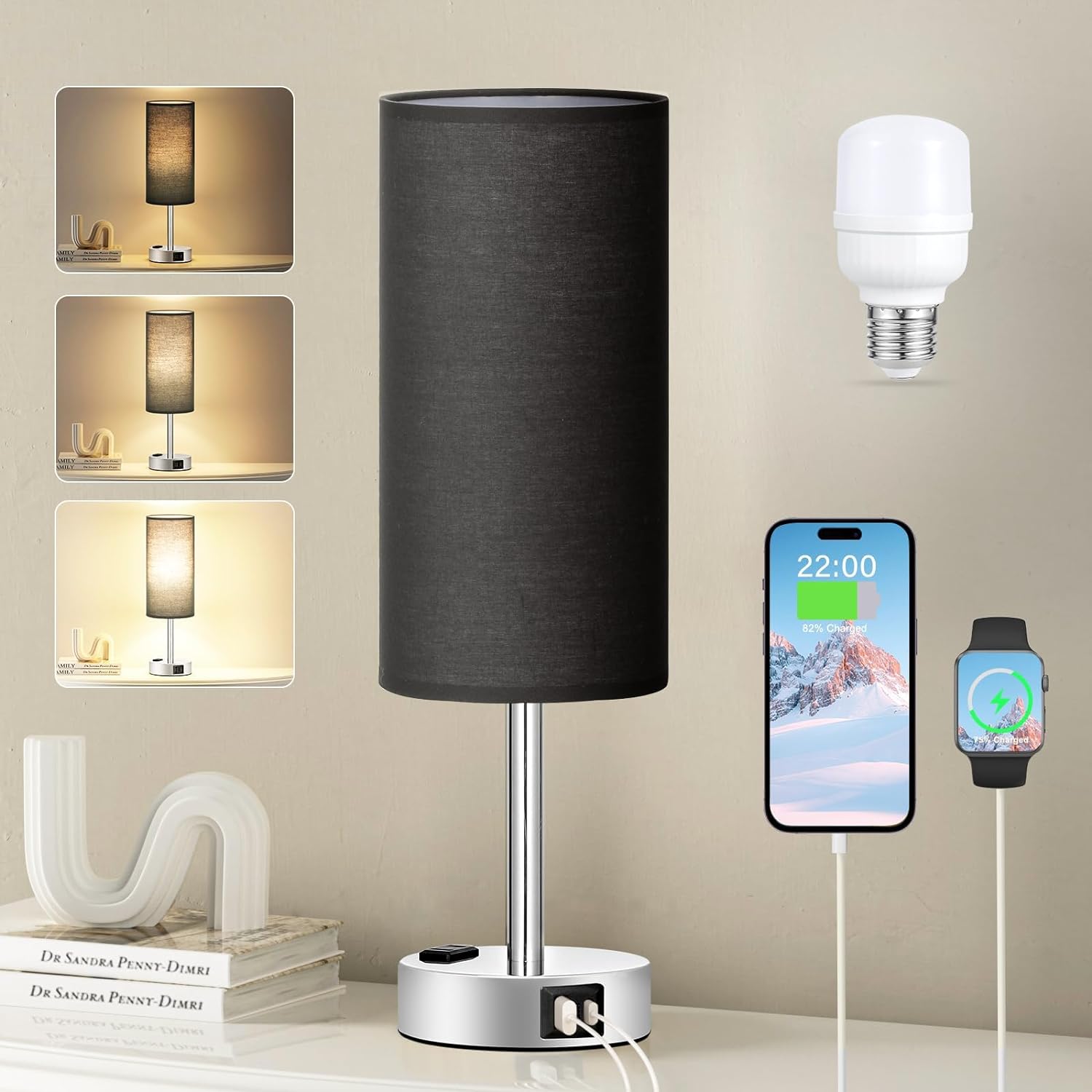 Bedside Table Lamp for Bedroom - 3 Way Dimmable Touch Lamp USB C Charging Ports and AC Outlet, Small Lamp Wood Base Round Flaxen Fabric Shade for Living Room, Desk, LED Bulb Included