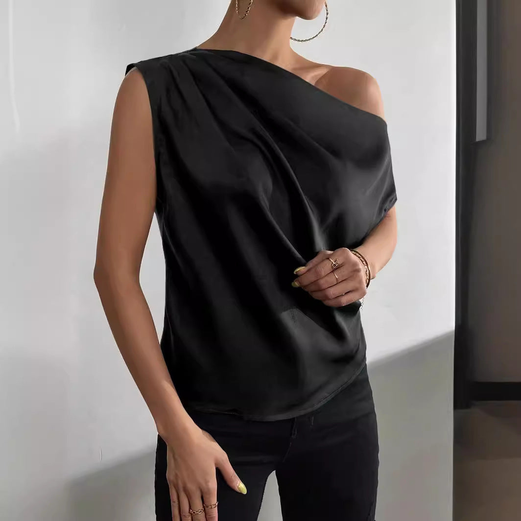 Asymmetric Vest with Diagonal Collar and Pinch Pleated Design for Women