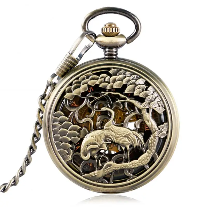 Bronze Hollow Double Crane Case Handwind Mechanical Pocket Watch for Men Pendant Chain Clock Cool Timepiece Relogio De Bolso