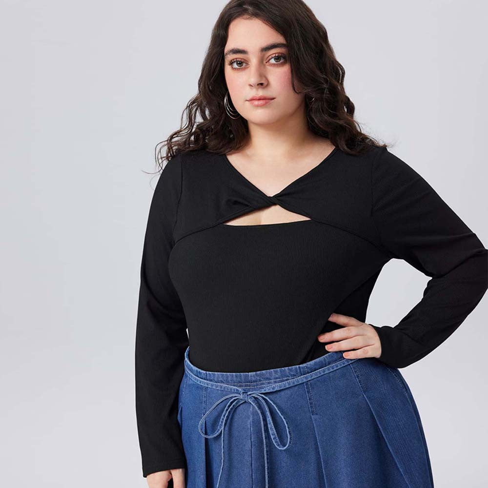 Plus Size Autumn Winter Women Casual Simple Jumpsuit High Waist Slim Long Sleeve Top