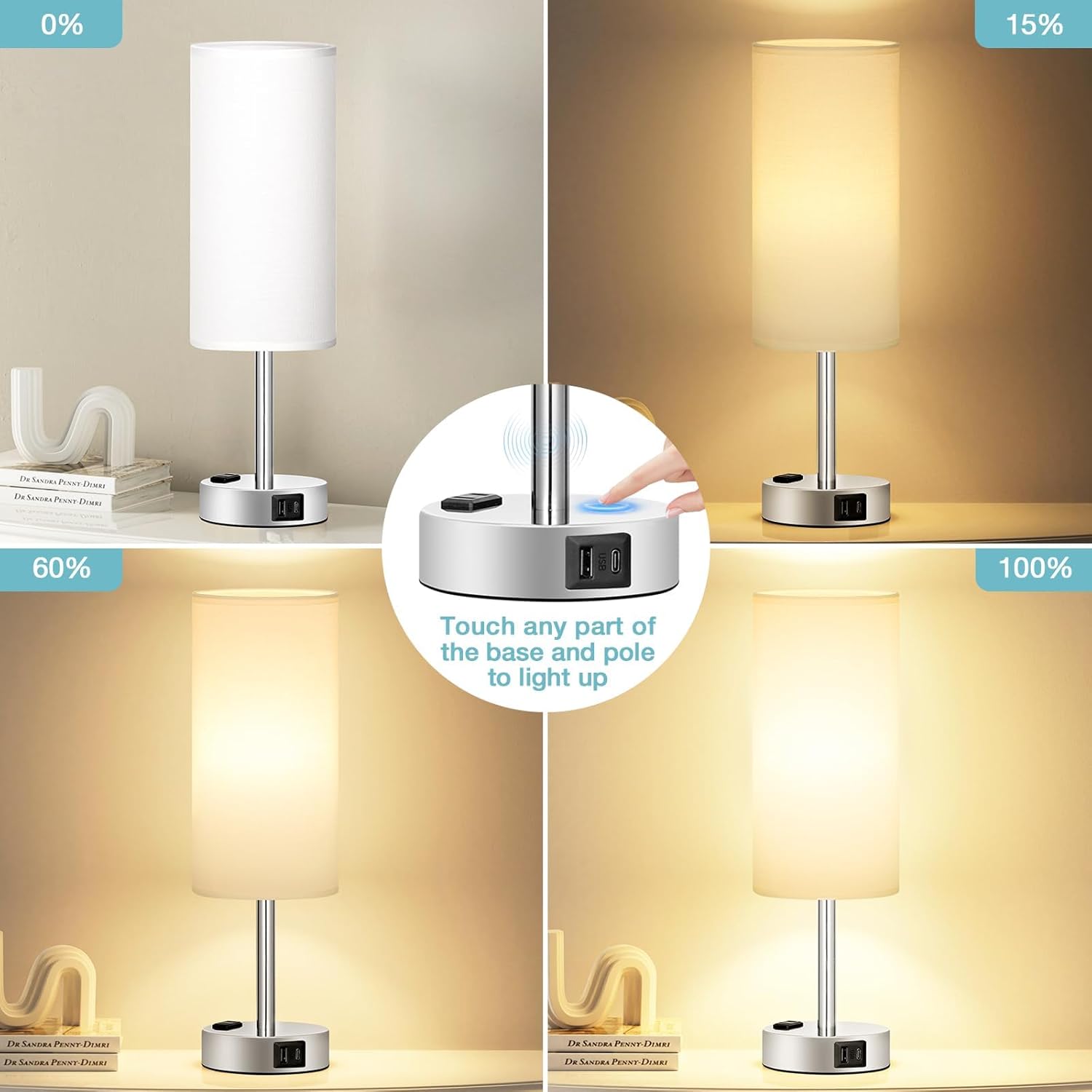 Bedside Table Lamp for Bedroom - 3 Way Dimmable Touch Lamp USB C Charging Ports and AC Outlet, Small Lamp Wood Base Round Flaxen Fabric Shade for Living Room, Desk, LED Bulb Included