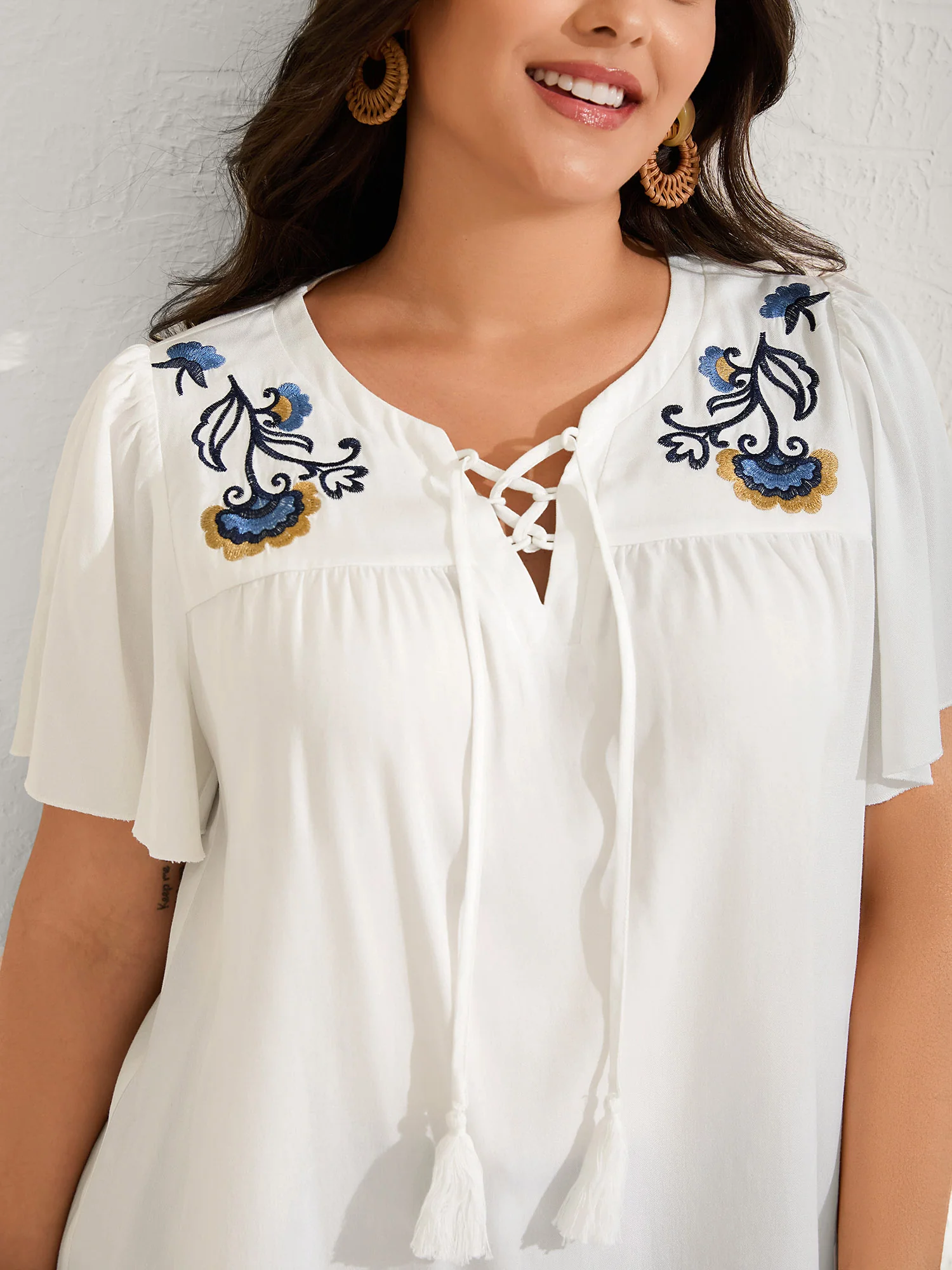 Floral Embroidered Cross-Tie Neck Blouse