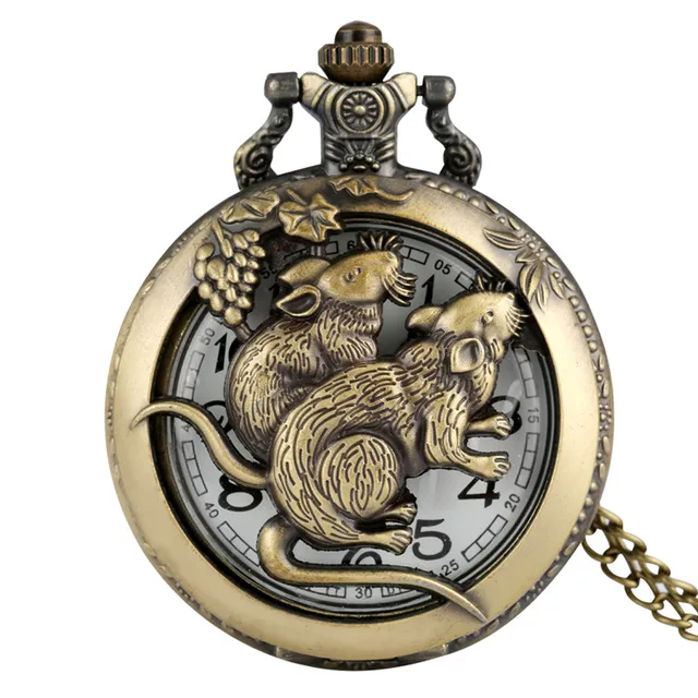 Bronze Hollow Out Chinese Twelve Zodiac Design Animal Quartz Pocket Watch for Men Women with Necklace Chain Gift reloj